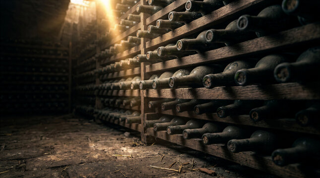An old wine cellar with rows of wine bottles, wine storage, and a copy space concept for wine tours
