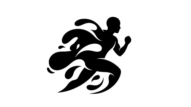 Dynamic black silhouette of a runner with fluid, splash-like elements emphasizing speed and motion on a white background.