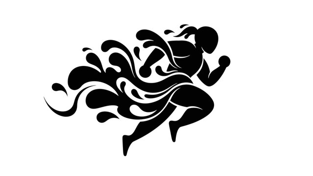 Energetic black silhouette of a runner with a dynamic fluid splash effect, symbolizing speed, motion, and power in a stylized graphic.