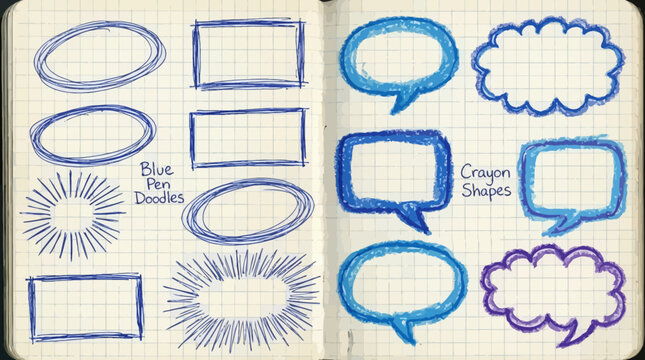 Blue pen text boxes and shapes collection. Blue ball pen ovals, rectangles and starburst doodles at grid notebook background