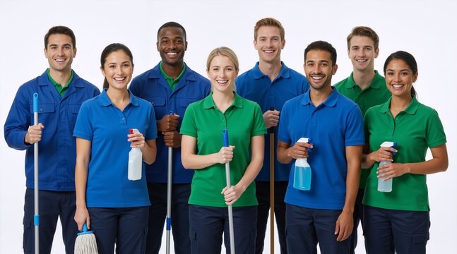 Diverse team of smiling cleaning professionals in uniform holding mops and spray bottles. Multiethnic group of janitors standing together on white background