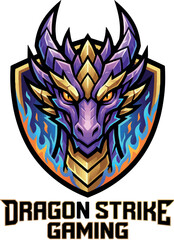 Obraz premium Dragon Strike: Purple and gold dragon mascot logo with sharp wings shield