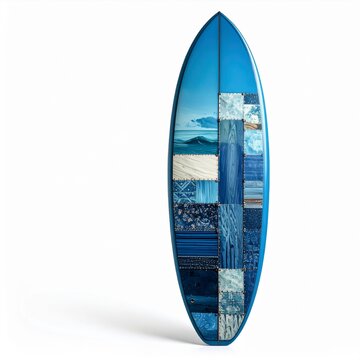 Blue Surfboard With Patchwork Design And Ocean Scene Top White Background Studio Shot