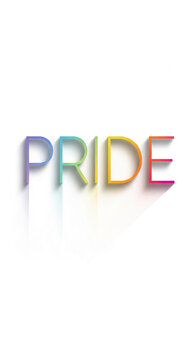 Colorful gradient letters spelling "PRIDE" cast a shadow on a white background, symbolizing LGBTQ+ rights and celebration with a vibrant, modern aesthetic
