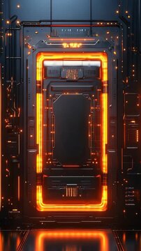 A door with a bright orange glow opens and closes in a dark space. Lights move around the door, adding interest. The door gives a sci-fi feel in this setup
