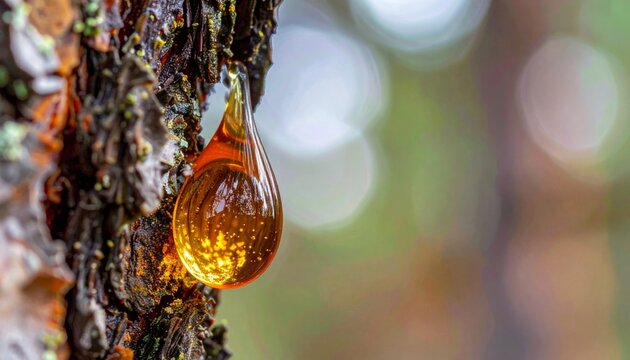 Amber Pine Resin Droplet Macro Detailed Bark Forest Bokeh Background Soft Light
