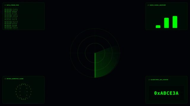 Futuristic green digital interface motion with holographic elements and data visualization for technology and cybersecurity themes.