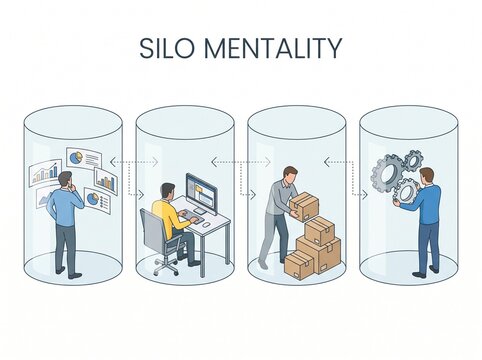 Business Team Silos Working Separately in Office with Communication Barriers Vector Illustration