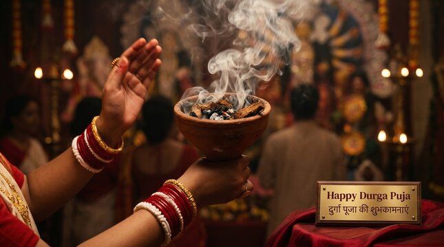 Durga Puja hands holding a smoking dhunuchi incense pot before a glowing Durga idol in a crowded pandal