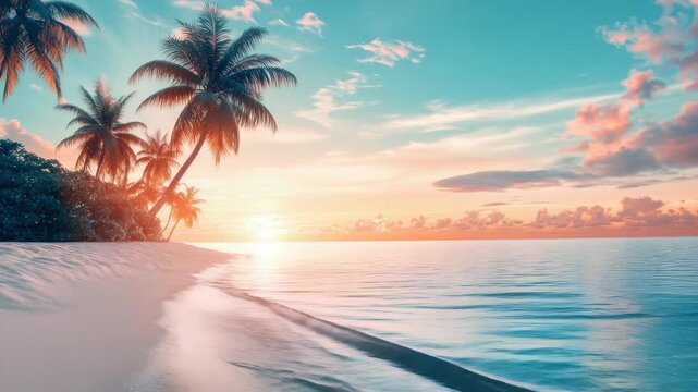 Sunset bathes sandy beach in golden glow. Palm trees lean gently against the horizon. Ocean waves roll softly onto the shore. Sky blushes with warm hues of pink and orange