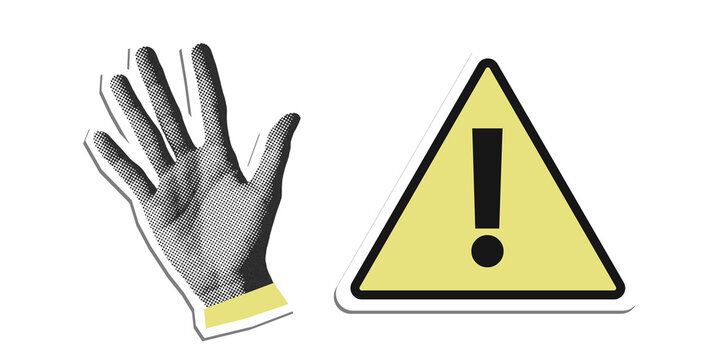 Creative collage art of halftone open hand gesture and warning triangle exclamation mark on transparent background. Perfect for caution or alert concepts.