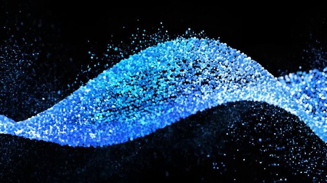 Abstract Blue Glitter Particles Flowing in Dynamic Wave Motion on Black Background.