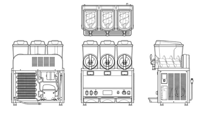 Granita machine beverage appliance technical drawing blueprint with front side back and top views CAD line art vector illustration