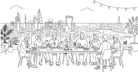 Obraz premium Diverse business people having dinner party on rooftop terrace with London city skyline view vector.