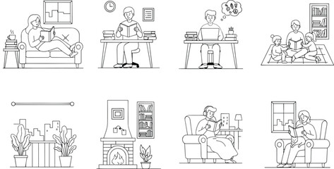 Obraz premium People reading books and studying at home interior line art doodle icons coloring book page vector.