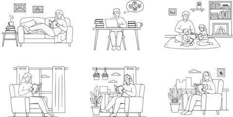 Obraz premium People reading books and working from home interior line art doodle bundle coloring page vector.