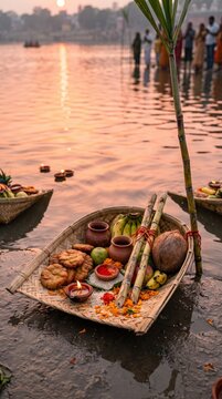 Chhath Puja bamboo offering tray with fruits, sugarcane, earthen lamps and coconuts beside the river at sunrise