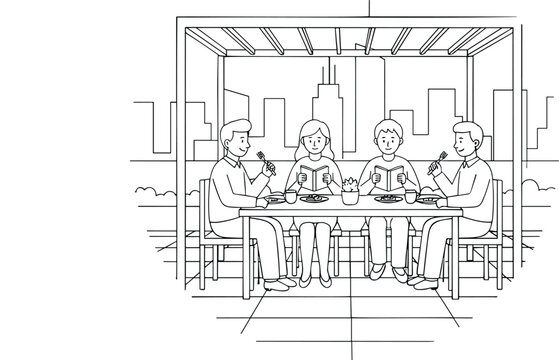 People sitting at patio table eating food and reading books under pergola with city skyline vector.