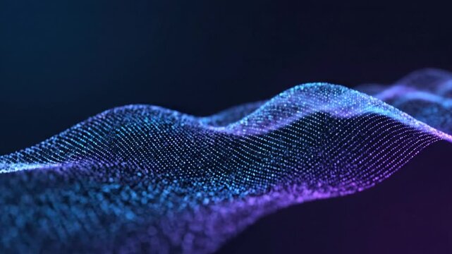 Abstract digital wave pattern with flowing vibrant blue and purple light trails on a dark background, representing data flow, motion graphics, and technological connectivity.