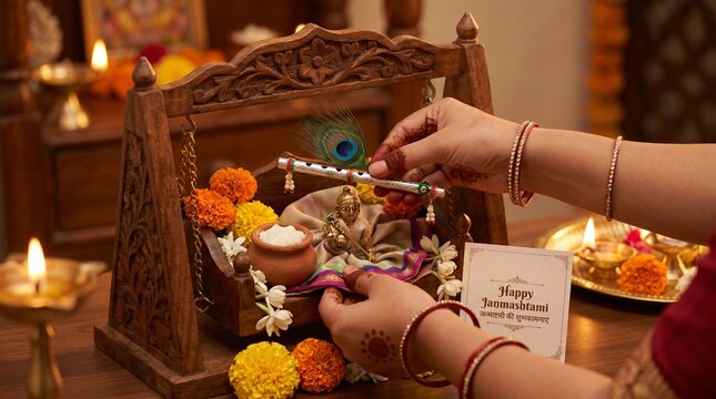 Krishna Janmashtami altar with a decorated baby Krishna swing, flute, peacock feather, butter pot and diyas
