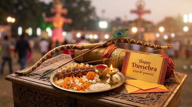 Dussehra festival tray with bow, arrows, marigolds and a small greeting sign near a fairground at dusk