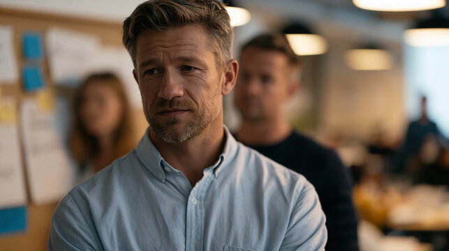 Quiet quitting inflection point as a burned-out project lead in his late thirties declines a stretch assignment during a team standup, manager's expression shifting, coworking office open floor abso
