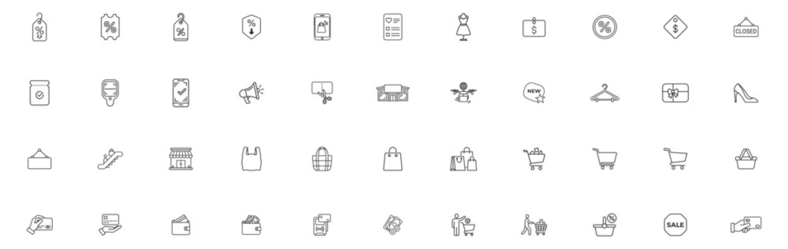 collection of retail shopping and commerce line icons with discount tags, shopping bags, carts, payment methods and store symbols on transparent background