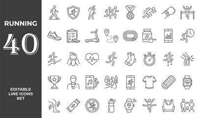 Running line editable icon set. Contain icons related to Running sport, marathon, runner, race, finish line, treadmill and more. Editable stroke. Vector illustration © Minara