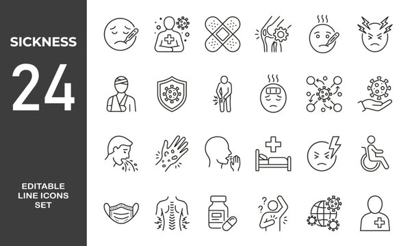 Sickness line editable icon set. Contain icons related to Sickness, illness, injury, infection, symptom, pain, and more. Editable stroke. Vector illustration