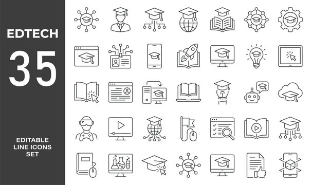 education technology icon set. Editable stroke. Vector illustration