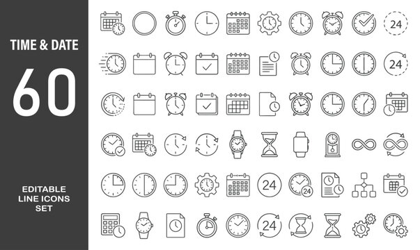 Time and Date icon set. Outline Icon Collection. Editable stroke. Vector illustration