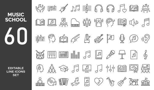 Music School icon set. Contain icons related to relevant to music schools, music, learning and more. Outline Icon Collection. Editable stroke. Vector illustration	