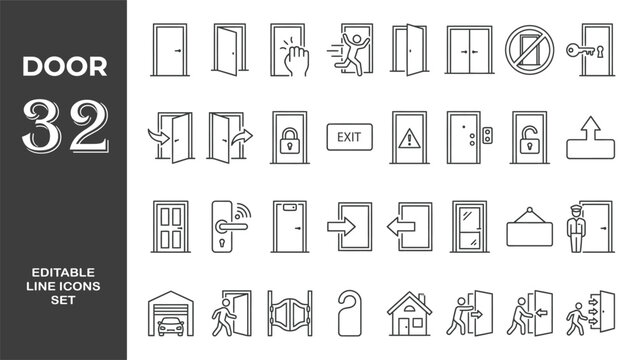 Door icon set. Containing enter, exit, doorbell, knock, open door, home, closed door, pull, push, and more. Outline Icon Collection. Editable stroke. Vector illustration	
