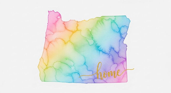 Oregon state shape rendered in a vibrant rainbow watercolor splash, with the word "home" in gold script, symbolizing place, belonging, and a colorful embrace.