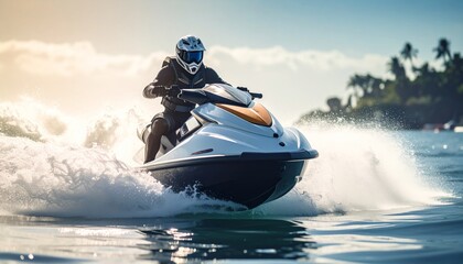 Fototapeta premium Man Riding Jet Ski On Water With Splashing Waves And Tropical Island Background