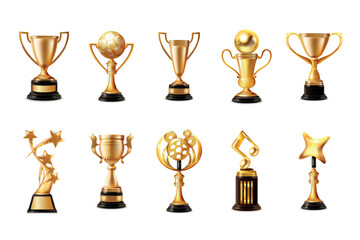 Obraz premium Realistic golden cup. 3d gold cups, winner award prize trophy soccer champion sport team win music movie competition luxury star victory awards isolated exact vector illustration