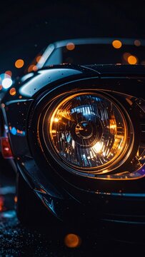 Close Up of Vintage Car Headlight Glowing Warmly at Night with Bokeh Lights