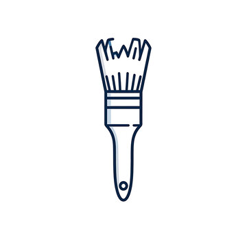 Simple blue line art icon of a paintbrush with bristles splayed on a white background, isolated symbol for drawing and painting
