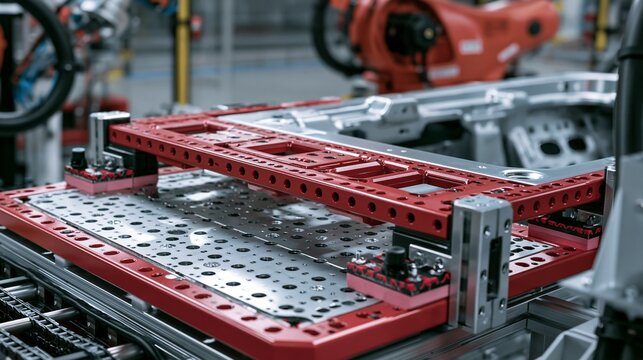 Close medium shot focusing on flexible jig setup enabling adaptable robotic welding processes for customized cab panel assembly with enhanced accuracy.