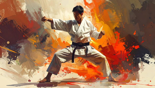 Martial artist in white gi performing karate kata, dynamic brushstroke background, focus and discipline, combat sports training