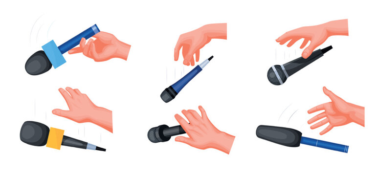Hands drop microphone. Singer hand holding and dropping mic, karaoke song artist rap battle music audio record dropping mike stage performance set qualitative vector illustration