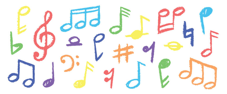 Crayon music note. Hand drawn melody song, child sing symbol doodle pencil scribble sketch texture line kids children chalk pastel abstract element qualitative vector illustration