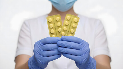 Obraz premium Yellow prescription medicine capsules isolated on white background held forward by a nurse in blue medical gloves
