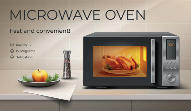 Microwave oven poster. Realistic smart oven ad banner, 3d modern kitchen home appliance cook chicken food steel electric stove digital display background garish vector illustration