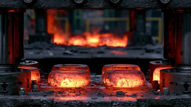 Medium shot of heated billets being precisely shaped into flat valve heads under a powerful hightonnage press in a controlled forging environment.