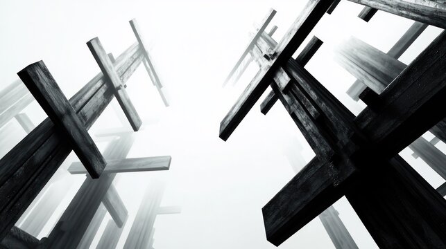 Abstract architectural detail of wooden crosses against a bright sky.