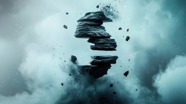 Abstract floating rock formation with debris in cloudy sky.
