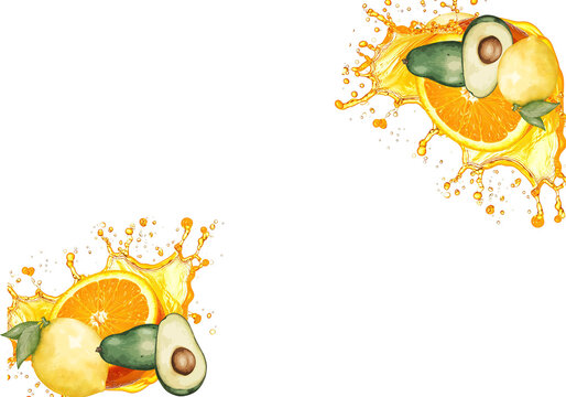 ondo abstracto de salpicaduras de zumo de naranja con frutas frescas, rodajas de c&iacute;tricos, lim&oacute;n y aguacates en las esquinas, dise&ntilde;o conceptual de nutrici&oacute;n y frescura veraniega.