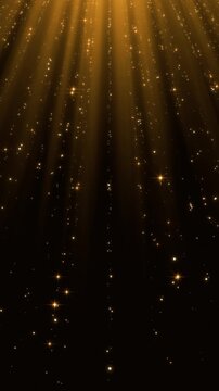 christmas and new year gold background with shiny stars glitter and particles strings falling and light flare animation, vertical social media motion design element