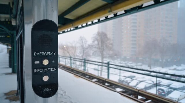 Anti-vandal IP intercom call station for public emergency and information services. Open-air subway station on snowy day in New York City, USA.